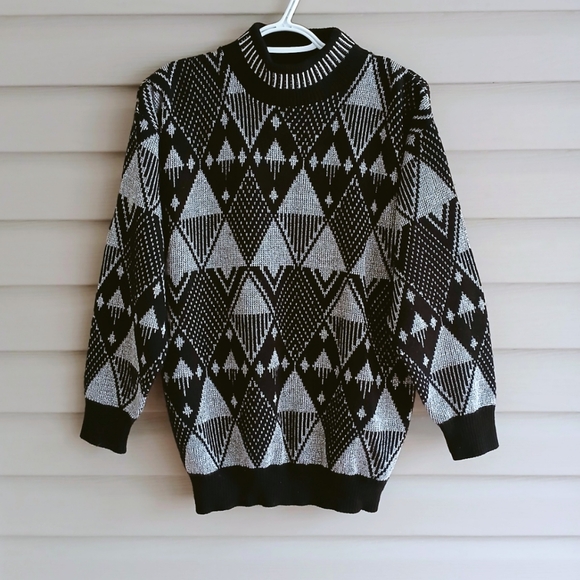 Vintage 80's 90's M/L black and sparkly silver geometric mock neck knit sweater - Picture 6 of 6